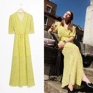 & Other Stories • Floral Maxi Wrap Dress yellow puff sleeve front slit ruched